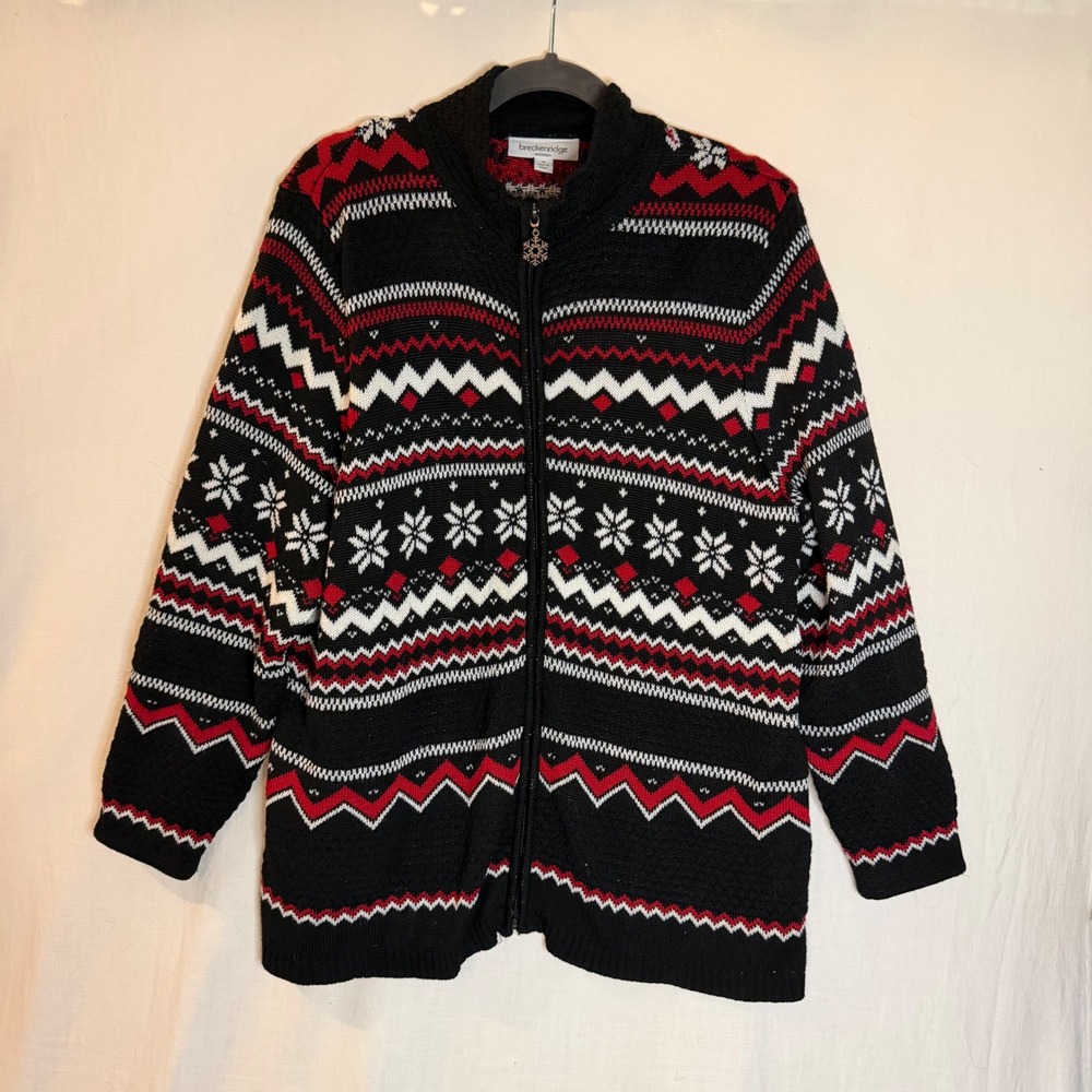 Breckenridge Woman Fair Isle Snowflake Zip Front Cardigan Sweater Black Red 1X
